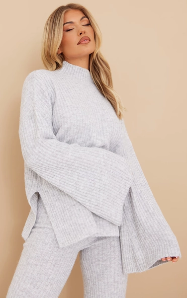 Grey Luxe Rib Knit Oversized Jumper