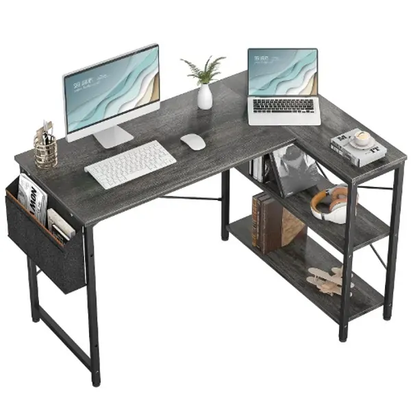 Small L Shaped Computer Desk, Homieasy 47 Inch L-Shaped Corner Desk with Reversible Storage Shelves for Home Office Workstation, Modern Simple Style Writing Desk Table with Storage Bag(Black Oak) - Black Oak