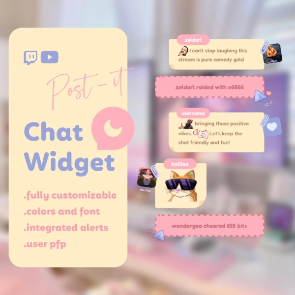 POST-IT Customizable Chat Widget for Twitch and Youtube - Whitelist pfp | Coworking Cozy Streams | Streamelements - OBS | +90 Icons