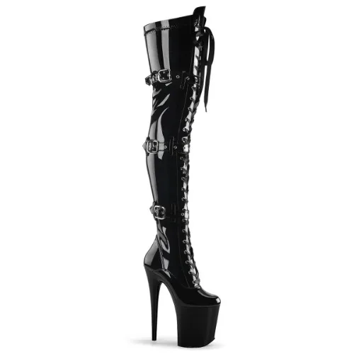 Pleaser Flamingo-3028 Nero Stivali Sopra il Ginocchio con Zip Laterale Tacco Altissimo 20 Plateau 10.2