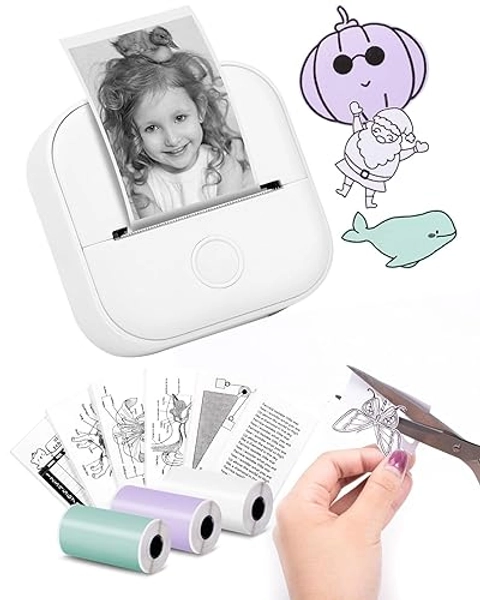 Mini Portable Sticker Printer - T02 Pocket Printer with 3 Rolls Paper, Bluetooth Picture Printer for Children Birthday Gift, Study Graphics, Receipt, Compatible with Phone & Tablet, White