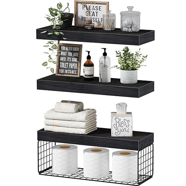 QEEIG Black Bathroom Shelves Over Toilet Wall Mounted Floating Shelves Farmhouse Shelf Toilet Paper Storage Small 16 inch Set of 3 (019-B3)