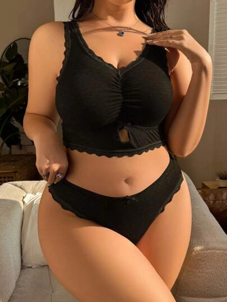 Plus Size Ribbed Comfortable And Fashionable Lingerie Set
