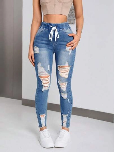 SHEIN Essnce Women's Drawstring Waist Pockets Ripped Skinny Casual Denim Jeans