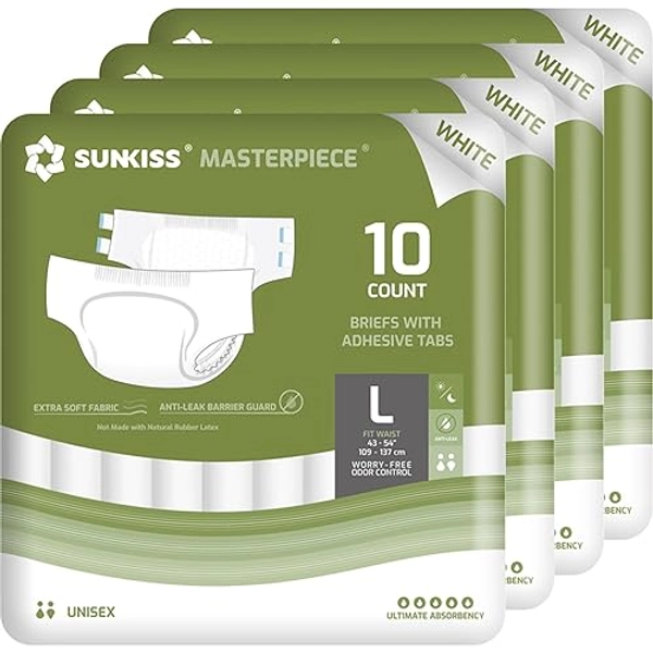 SUNKISS Masterpiece Adult Diapers with Tabs, Unisex Disposable Incontinence Briefs for Women and Men, Odor Control, White, Large, 40 Count (4 Packs of 10)