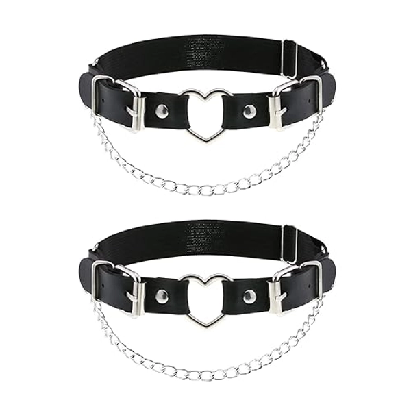 alisikee 2PCs Leather Leg Garter with Chains, Elastic Rock Heart Thigh Garter for Women
