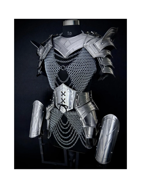 Medieval Women’s Cuirass Armor Set – Chainmail Skirt, Gorget, Pauldrons, Waist Armor, Fantasy, Cosplay Costume Unique Gift, Warrior Costume.