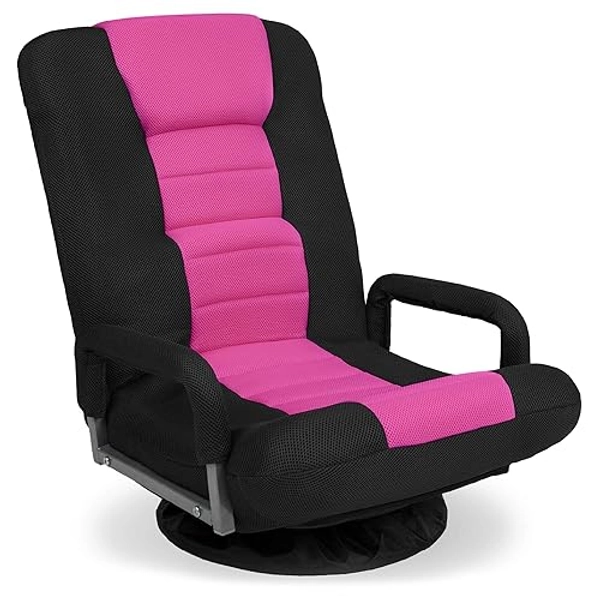 Best Choice Products Swivel Gaming Chair 360 Degree Multipurpose Floor Chair Rocker for TV, Reading, Playing Video Games w/Lumbar Support, Armrest Handles, Adjustable Backrest - Black/Pink