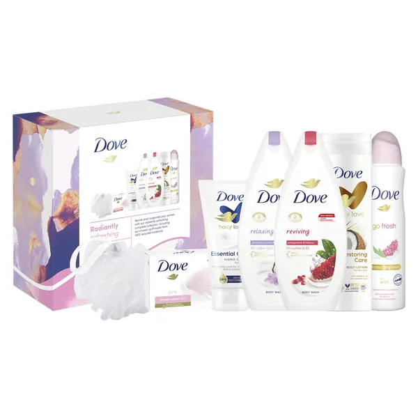 Dove Radiantly Refreshing Complete Collection with luxury shower put, Soap Bar, Hand Cream & lots of Dove Gifts for her