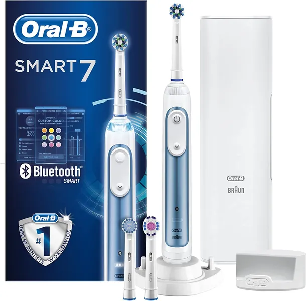 Oral-B Smart 7 Electric Toothbrush with Smart Pressure Sensor, App Connected Handle, 3 Toothbrush Heads & Travel Case, 5 Mode Display with Teeth Whitening, Gift Set, 2 Pin UK Plug, 7000N, Blue
