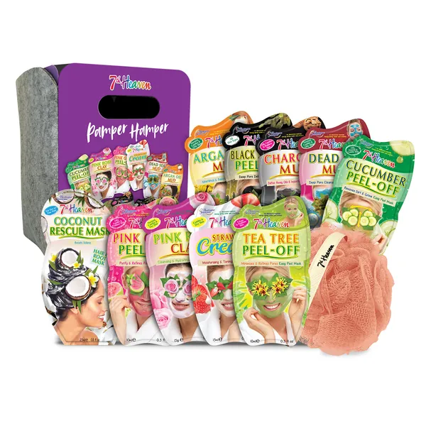 7th Heaven Pamper Hamper Gift Set - Contains a Variety of Peel-Off and Mud Face Masks, Hair Rescue Masque, Exfoliating Body Puff and Felt Presentation Box