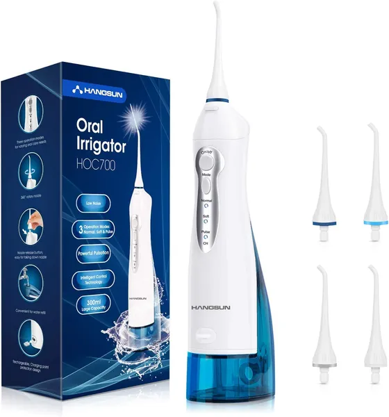 Hangsun Water Flosser Cordless Oral Irrigator Rechargeable Dental Water Jet HOC700 for Teeth Braces with 300ML Water Tank and 4 Jet Tips for Travel & Home Use