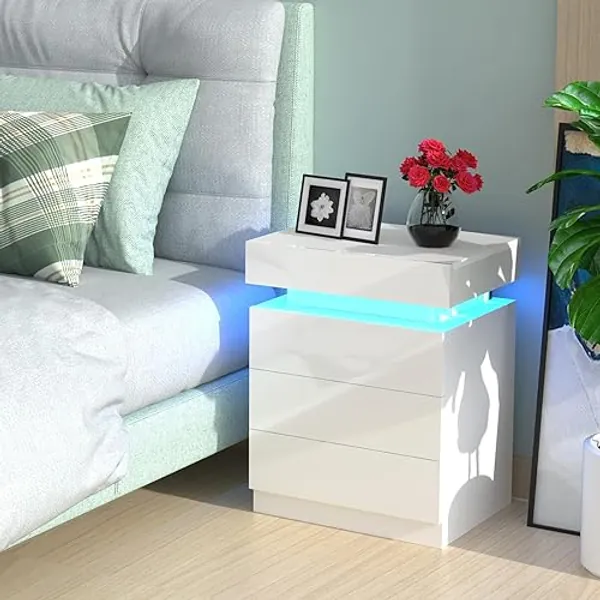 Lvhcmfohm Table de Chevet Blanc avec LED, Chevet de Lit, Table de Nuit avec 3 Tiroirs et 16 Couleurs Lumières pour Chambre à Coucher, Salon (45x35x61cm)