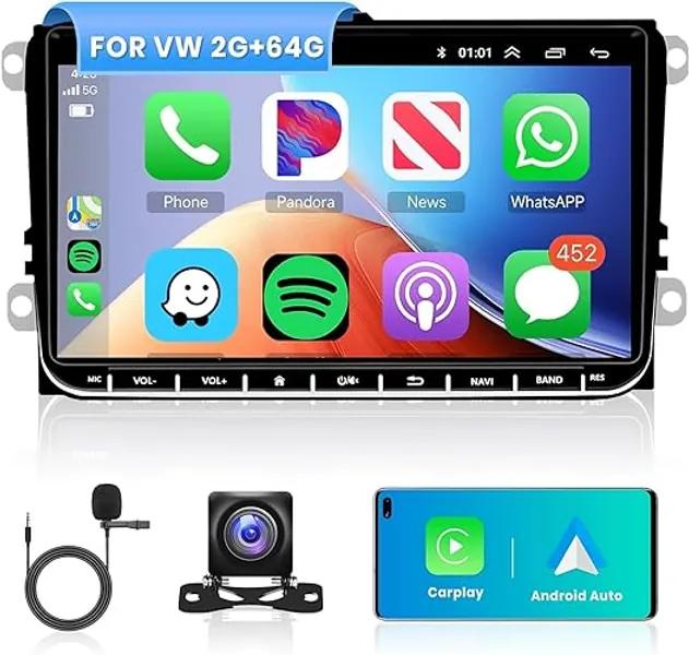 Hodozzy Android 2GB+64GB Autoradio CarPlay pour VW Passat Golf 5 6 Jetta T5 pour Polo Touran Seat Caddy Beetle Sharan, 9 Pouces écran Tactile avec Android Auto GPS/Bluetooth/FM/RDS Radio/WiFi