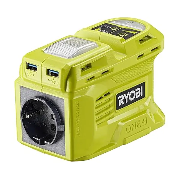 RYOBI - Transformateur 2-en-1 18V One+ / Port électrique EU - 2 Ports USB-A - 1 Port USB-C - Fonction Chargeur 1,7 A - Lampe LED - (sans Batterie ni Chargeur) - RY18BI150B-0