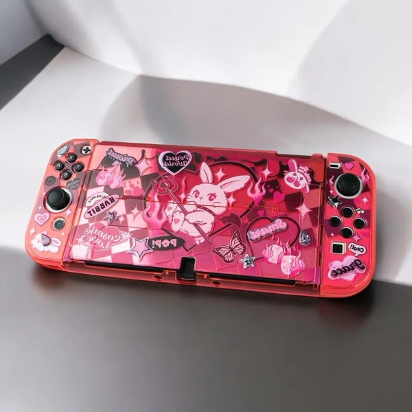 Cute Rabbit-Themed Protective Case for Nintendo Switch & OLED - Crystal Clear Hard Shell, Ruby Red Base, Easy Docking, Adorable Design