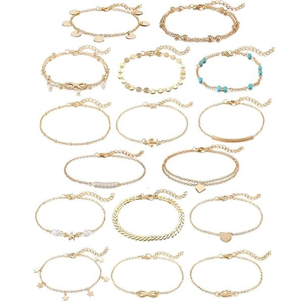 Softones 16Pcs Ankle Bracelets for Women Gold Silver Two Style Chain Beach Anklet Bracelet Jewelry Anklet Set,Adjustable Size
