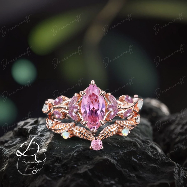 Vintage Marquise Cut Pink Sapphire Engagement Ring Sets Nature Inspired Cluster Promise Ring Rose Gold Art Deco Leaf   Gemstone Branch Ring