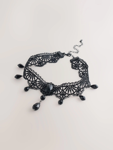 Black Lace Bead Drop Choker Necklace