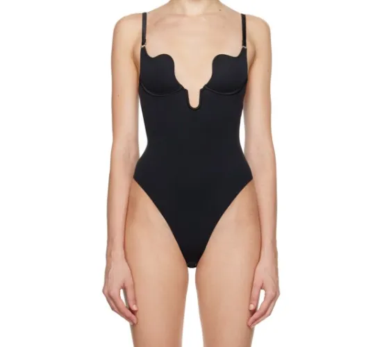 Fleur Du Mal Black Le Stretch Micro Seduce U-Plunge Bodysuit