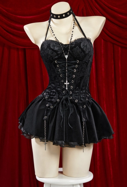 Halloween Gothic Black Tunic Dress Set Halter Neck Tunic and Skirt with Gloves