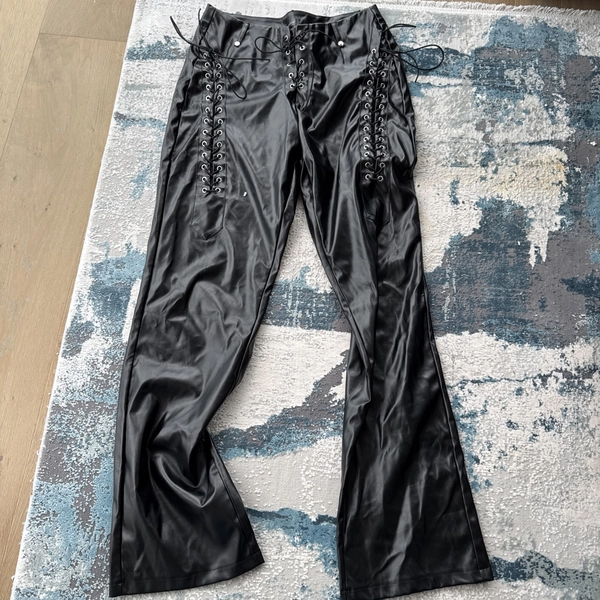 xxxiticat Women's Lace Up PU Leather Pants Chic High Waist Hollow Out Drawstring