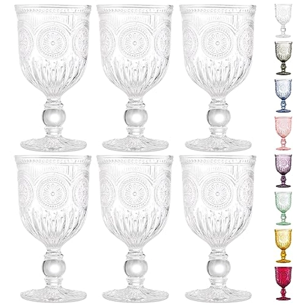 Yungala Vintage Wine Glasses Set of 6 - Glass Goblets - Water Goblets or Wine or Cocktails - Fancy Wine Glasses, Cute Wine Glasses with Sunflower Embossed Design
