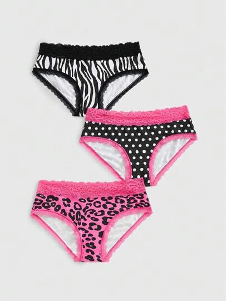 ROMWE J-Fashion 3pcs Y2K Gyaru Harajuku Leopard Zebra Print & Polka Dot Lace Patchwork Briefs Panties Set