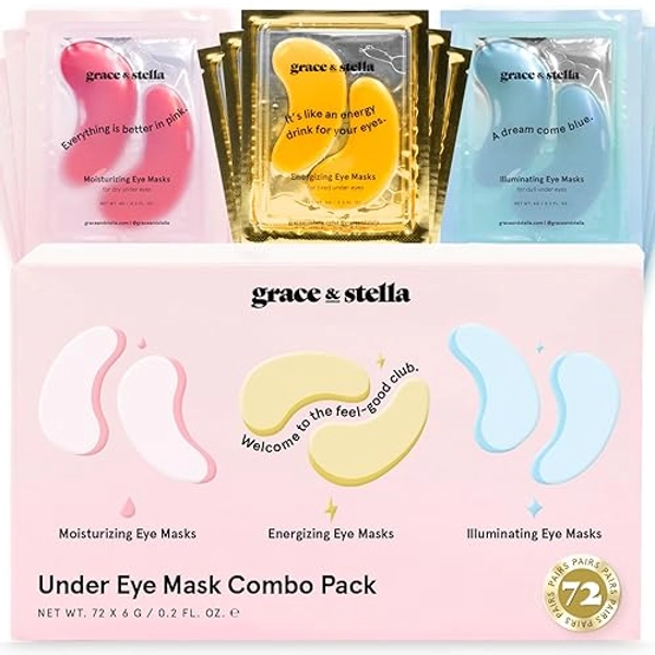 grace and stella Under Eye Mask-Reduce Dark Circles, Puffy Eyes, Undereye Bags, Wrinkles-Gel Under Eye Patches, Vegan Cruelty-Free Self Care (72 Pairs, Gold, Pink & Blue)