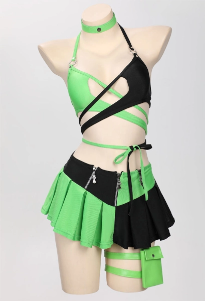 Shego Derivative Swimsuit Gothic Black Green Spliced Halter Bra and Bottom Bathing Suit with Long Sleeve Top Skirt and Choker