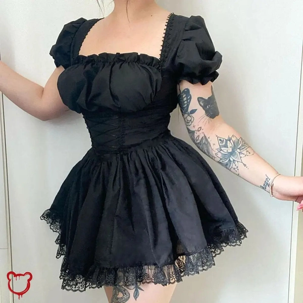 Black Lace Puff Dress