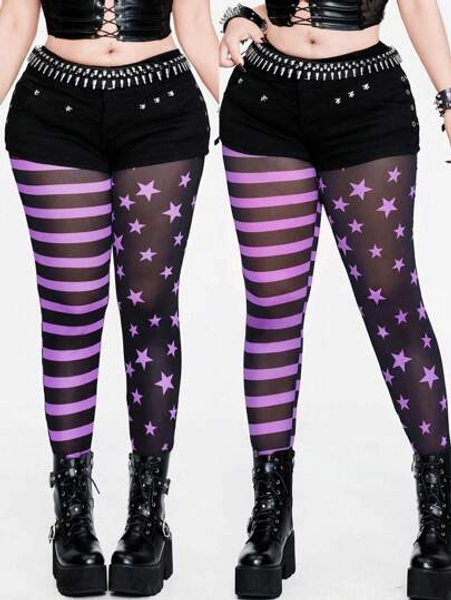 Whyspr Plus Size Women 4th Of July Fashionable Punk Contrast Striped Star Elastic Net Fabric Stirrup Leggings
