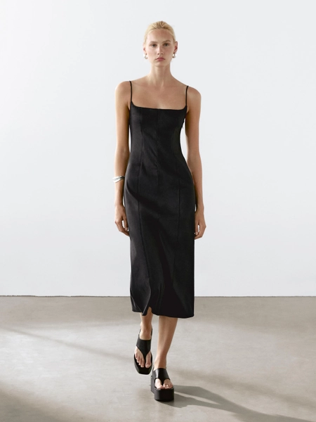 Strappy linen midi dress - BLACK