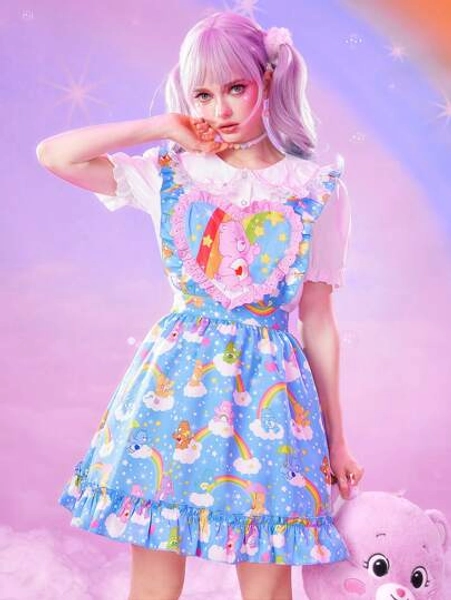 ROMWE X Care Bears Women's Cute Bear And Rainbow Print Ruffle Trim Contrast Schiffy Short Pinafore Dress