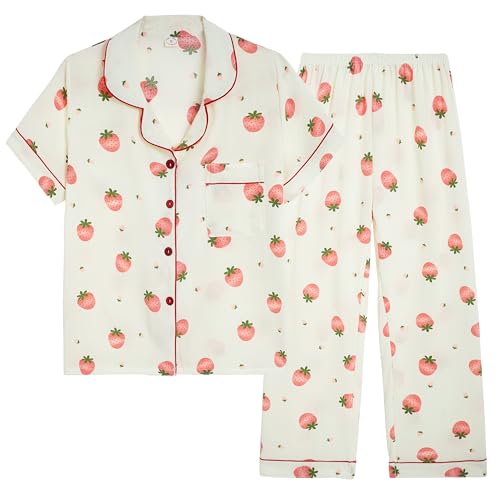 Vopmocld Big Girls Button Down Sleepwear Short Sleeve Long Pants 3PCS Pajama Sets Casual Lapel Loungewear Florals Nighty - 14 - Short Sleeve With Pants-(red Strawberry)