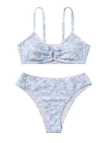 COZYEASE Girls' 2 Piece Ditsy Floral Print Knot Front Ruched Triangle Bikini Swimsuit - 13 Years - Blue and White