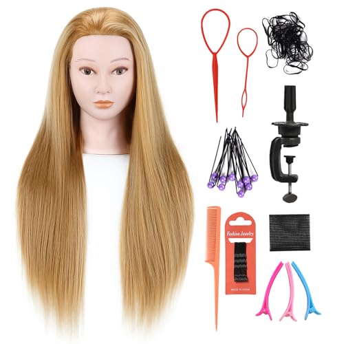 Armmu 28"-30" Long Synthetic Hair Mannequin Head Hairdresser Practice Training Head Cosmetology Manikin Doll Head with 9 Tools and Clamp - Golden - Golden