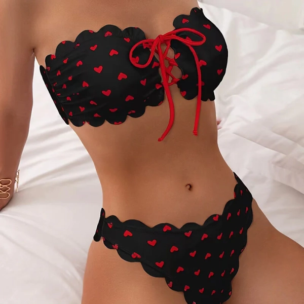 Heart Pattern Bandeau Bikini Set