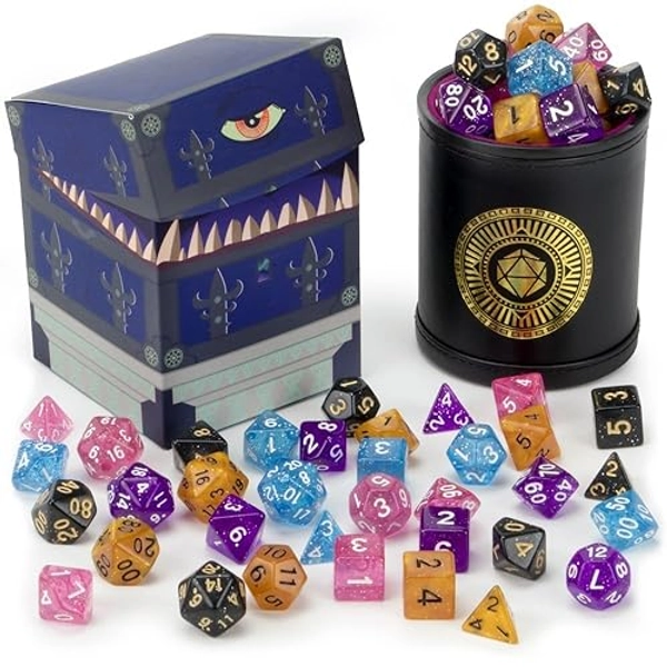Wiz Dice Cup of Wonder - 35 Polyhedral DND Dice & Dice Shaker Cup & Box for Storage (5 Set of 7 Unique Colors) -Polyhedral Role Playing Dice in Unique Colors - DND Accessories for TTRPG Dice Games
