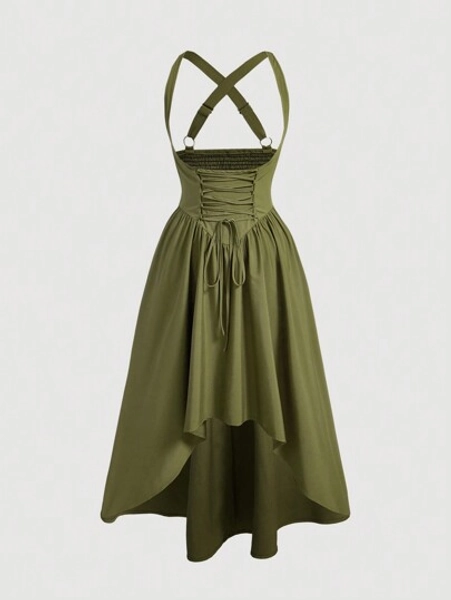 SHEIN MOD Milkmaid Dress,  Green Color, Overall Style, Asymmetrical Hemline Women's Dress,Birthday Dresses For Women