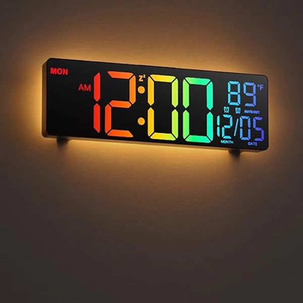HAITANG 10.5'' Digital Wall Clock with Remote Control, Dual Alarm Wall Clocks for Living Room, Bedroom, Kitchen Decor, 8 RGB Colors Large LED Dispaly, Auto Brightness, Date, Auto DST, Temperature