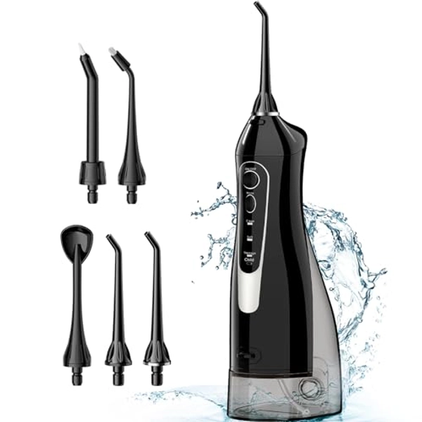 Water Dental Flosser Portable Pick Teeth: Upgrade Child Mode 4 Modes Portable Cordless 300ML Rechargeable Travel Irrigation Black