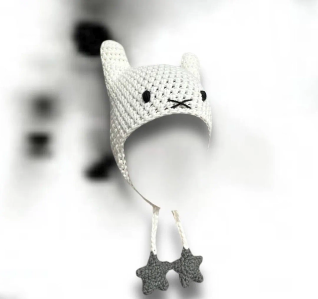 Miffy Rabbit Crochet Bunny Ear Beanie Hat With Ear Flaps and Strings Kawaii Cute Handmade Accessory - Etsy