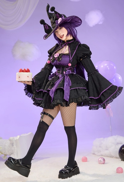 Anime Doll Derivative Halloween Witch Costume Set Gothic Lolita Dress with Cape and Hat