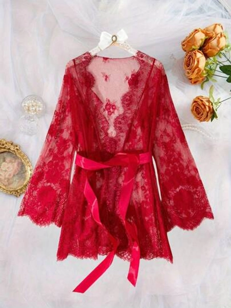 Plus Size Sexy Red Valentine's Day Lace Lingerie Women's Nightgown, Semi-Transparent Lace-Up Elegant Long Sleeve Nightgown