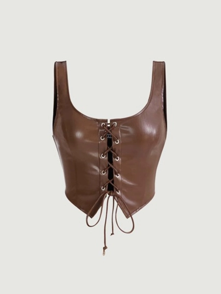 SHEIN MOD Retro Vintage Clothes Lace Up Front PU Leather Tank Top