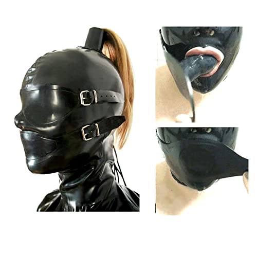 Latex Hood with Eye Patch and Braids, Sex Face Mask with Zipper and Plait, for BDSM, Party, Cosplay, Holiday - Large