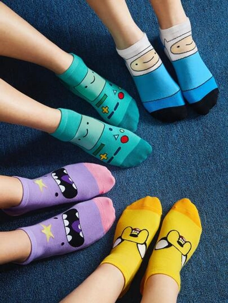 ADVENTURE TIME X SHEIN 4pcs/Set Women Cute Cartoon Pattern Short Socks, Gifts