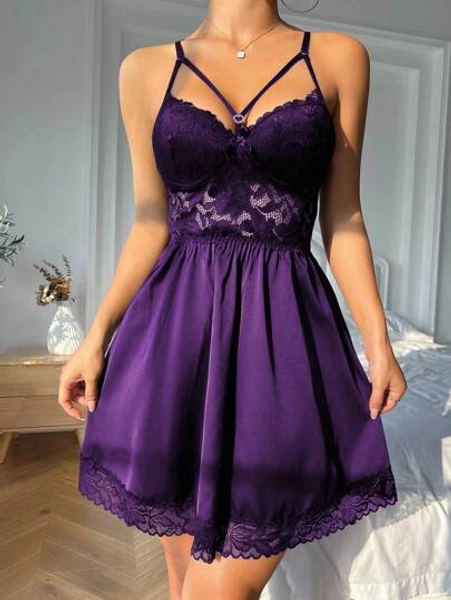 Solid Color Simple Daily Lace Decor Women's Pajama Night Dress Pajama Night Dress Luxeloungewear