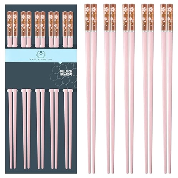 PYBBO 5 Pairs Fiberglass Chopsticks-Reusable Chopsticks Dishwasher Safe, 9.6 inch/24.3cm Matte Non-Slip Family/ Hotel/ Restaurant Chop Sticks, Chinese/Japanese Chop Sticks, Cherry Blossom-Pink